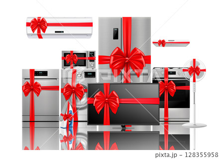 Household and kitchen appliances with red ribbon and bow: microwave oven, refrigerator, vacuum cleaner, blender, toaster. Gift concept. Realistic 3D vector, isolated. Electric device. 128355958