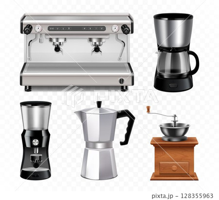 Different types of coffee makers and coffee machines. Coffee maker, professional coffee machine, Manual Coffee Grinder, Turkish coffee pot. Realistic 3d vector illustration 128355963