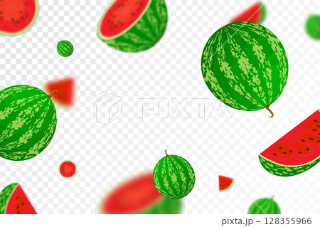 Falling watermelon, isolated on transparent background. Flying whole and sliced watermelon fruits with blurry effect. Can be used for advertising, packaging, banner, poster, print. Vector flat design Falling watermelon, isolated on transparent background. Flying whole and sliced watermelon fruits with blurry effect. Can be used for advertising, packaging, banner, poster, print. Vector flat design 128355966