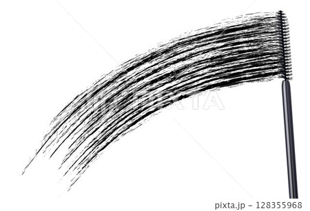 Mascara and black brush stroke, cosmetic object, beauty concept. Realistic 3d vector illustration, isolated on white background. Mascara fashion banner, template for advertising or magazine page. 128355968