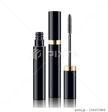 Mascara tube and a wand applicator. Cosmetic black bottle with eyelash brush. Isolated on white background. Realistic vector for web design, banners, posters, ad, advertising. Mascara tube and a wand applicator. Cosmetic black bottle with eyelash brush. Isolated on white background. Realistic vector for web design, banners, posters, ad, advertising. 128355969