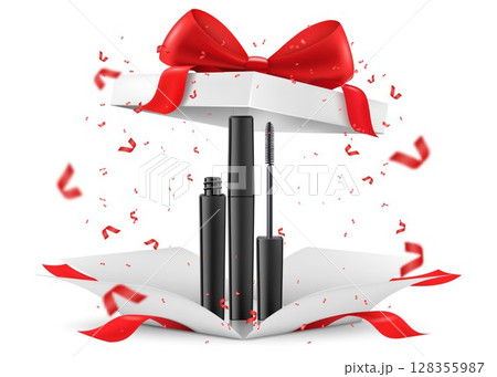 Mascara inside open gift box, isolated on white background. White gift box with cosmetic items. Present, Gift, Surprise concept. 3D rendering Realistic vector illustration 128355987