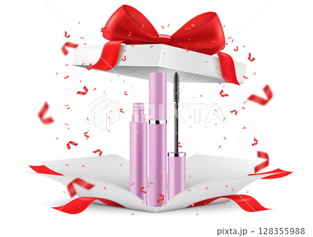 Mascara inside open gift box, isolated on white background. White gift box with cosmetic items. Present, Gift, Surprise concept. 3D rendering Realistic vector illustration 128355988