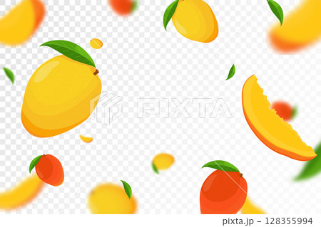 Flying mango, seamless pattern background with green leaves and slices of mango fruits. Blurry effect, realistic 3d vector illustration. Falling mango isolated on transparent background 128355994