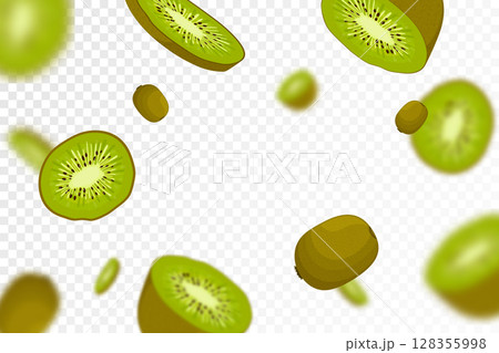 Kiwi background. Flying whole and half of kiwi fruit, seamless pattern with defocused blur effect. Can be used for wallpaper, banner, poster, print, fabric, wrapping paper. Vector flat design 128355998