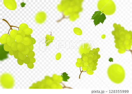 Falling juicy ripe grape with green leaves isolated on transparent background. Flying bunches of grapes with defocused blur effect. Can be used for wallpaper, banner, poster, print. Vector flat design 128355999