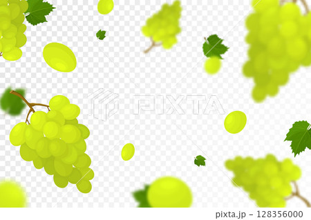 Falling juicy ripe grape with green leaves isolated on transparent background. Flying bunches of grapes with defocused blur effect. Can be used for wallpaper, banner, poster, print. Vector flat design 128356000