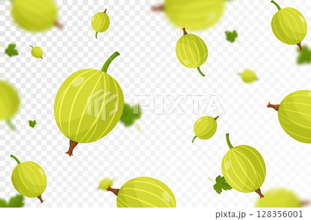 Flying gooseberry, seamless pattern background with blur effect. Falling Ripe gooseberry, isolated berries. Can be used for wallpaper, banner, poster, print, fabric, wrapping paper. vector flat design 128356001