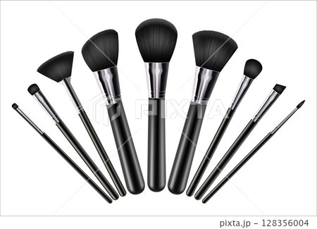 Professional facial makeup brushes. Cosmetic tools collection. Various fashion and beauty brushes for applying blush, Eye Shadow, concealer, powder. Realistic 3d vector. 128356004