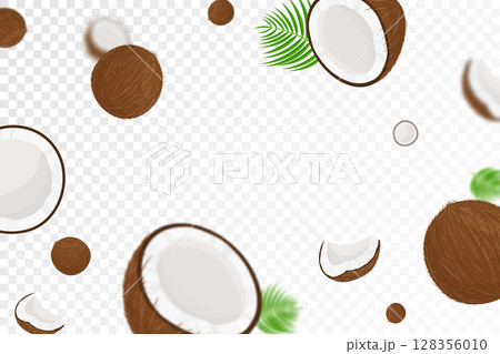 Flying coconuts, seamless pattern background with green palm leaves and halves of coconut with blurred effect, realistic 3d vector illustration. Falling coconuts isolated on transparent background Flying coconuts, seamless pattern background with green palm leaves and halves of coconut with blurred effect, realistic 3d vector illustration. Falling coconuts isolated on transparent background 128356010
