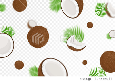 Flying coconuts, seamless pattern background with green palm leaves and halves of coconut with blurred effect, realistic 3d vector illustration. Falling coconuts isolated on transparent background Flying coconuts, seamless pattern background with green palm leaves and halves of coconut with blurred effect, realistic 3d vector illustration. Falling coconuts isolated on transparent background 128356011