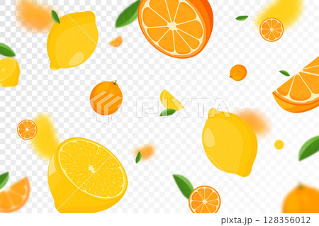 Citrus background. Flying Lemon and orange with green leaf on transparent background. Lemon and orange falling from different angles. Focused and blurry objects. Flat cartoon vector. Citrus background. Flying Lemon and orange with green leaf on transparent background. Lemon and orange falling from different angles. Focused and blurry objects. Flat cartoon vector. 128356012