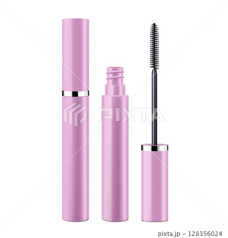 Mascara tube and a wand applicator. Cosmetic bottle with eyelash brush. Isolated on white background. Realistic vector for web design, banners, posters, ad, advertising. 128356024