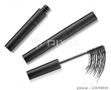 Mascara and black brush stroke, cosmetic object, beauty concept. Realistic 3d vector illustration, isolated on white background. Mascara fashion banner, template for advertising or magazine page. 128356030