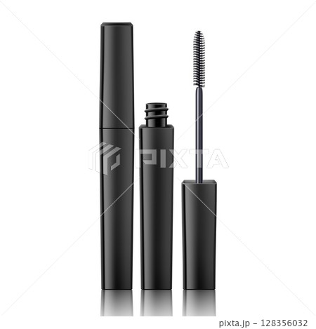 Mascara tube and a wand applicator. Cosmetic black bottle with eyelash brush. Isolated on white background. Realistic vector for web design, banners, posters, ad, advertising. Mascara tube and a wand applicator. Cosmetic black bottle with eyelash brush. Isolated on white background. Realistic vector for web design, banners, posters, ad, advertising. 128356032
