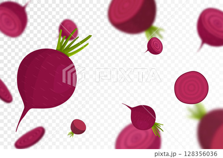 Falling beet, isolated on transparent background. Flying whole and sliced beets vegetable with blurry effect. Can be used for wallpaper, banner, poster, print. Vector flat design Falling beet, isolated on transparent background. Flying whole and sliced beets vegetable with blurry effect. Can be used for wallpaper, banner, poster, print. Vector flat design 128356036