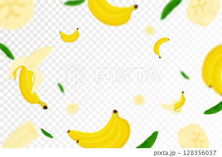 Flying Banana background, seamless pattern with defocused blur effect. Falling Ripe banana and palm leaves isolated. Can be used for wallpaper, banner, poster, print, fabric, wrapping paper. Vector 128356037