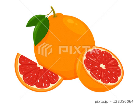 Icon Grapefruit. Set with whole fruit, slice and a half, with leaves. Isolated vector illustration in a flat style. 128356064