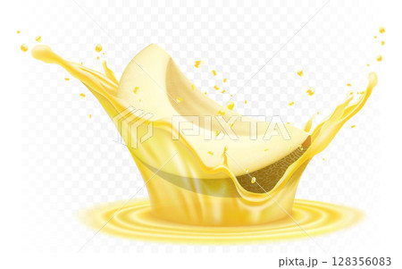 Honeydew Melon. Fresh sweet melon fruit with realistic yellow juice splash. Melon beverage or flavor. Realistic vector 3d isolated illustration 128356083