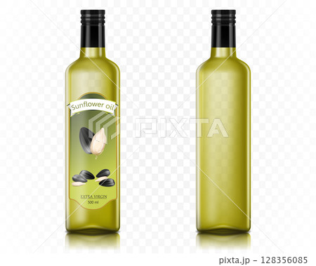 Sunflower oil glass bottle mockup. Extra virgin oil jar. Food cooking product, organic vegetarian diet. Vegetable oil brand jar with black cork. Realistic 3d vector 128356085
