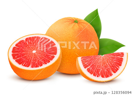Fresh grapefruit set, with various view of whole grapefruit, halves and slices, isolated on white background. Realistic 3d vector illustration Fresh grapefruit set, with various view of whole grapefruit, halves and slices, isolated on white background. Realistic 3d vector illustration 128356094