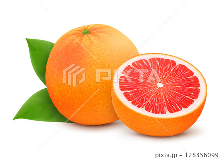 Whole and cut grapefruits with leaf isolated on white background. Realistic 3d vector illustration. 128356099