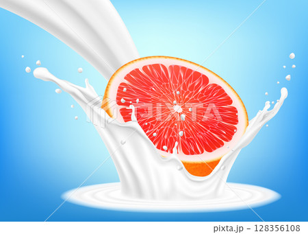 Fresh grapefruit in a splash of milk on a blue background. Grapefruit half falls into milk, yogurt, sour cream splash. Realistic 3d vector illustration. 128356108
