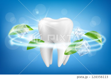 Ad template for toothpaste and other oral care products, with giant tooth model, ice cubes and mint leaves. Dynamic whitening effect, vector 3d realistic illustration 128356113