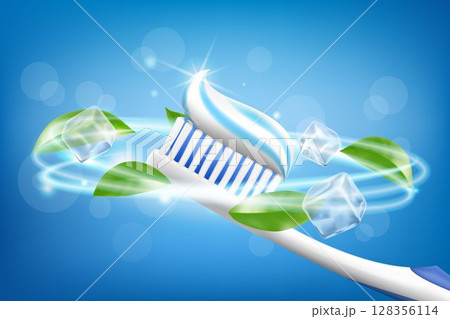 Toothpaste ads, refreshing mint. Toothpaste on toothbrush, mint leaves and ice cube. Drawn elements, realistic 3d vector illustration, cosmetics product, blur, blue background,sparkling effect 128356114