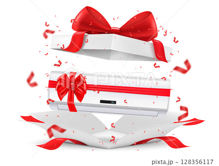 Air conditioner with red ribbon and bow inside open gift box. Gift concept, 3D rendering. Realistic vector illustration isolated on white background 128356117