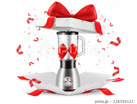 Blender with red ribbon and bow inside open gift box. Gift concept. Kitchen appliances. Isolated 3d vector illustration 128356122