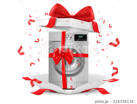 Washing machine with red ribbon and bow inside open gift box. Gift concept. Kitchen appliances. Isolated 3d vector illustration. 3D rendering. 128356138