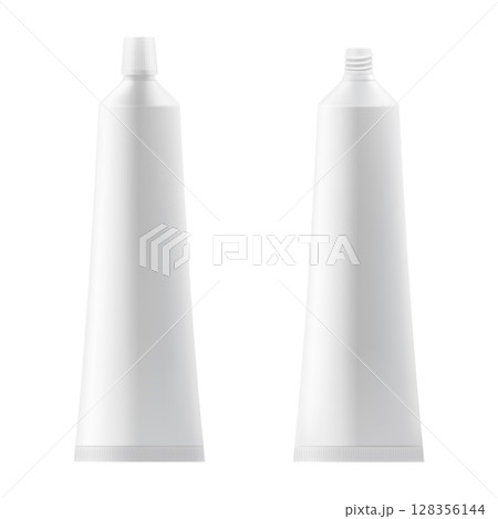 A set of empty tubes of toothpaste. Open and closed tubes. Mockup of white tubes isolated on white background. Realistic 3d vector illustration. 128356144