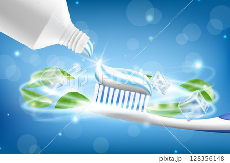 Whitening toothpaste ads with flying mint leaves and sparkling effect around the toothbrush on blue background, Realistic 3d vector illustration 128356148