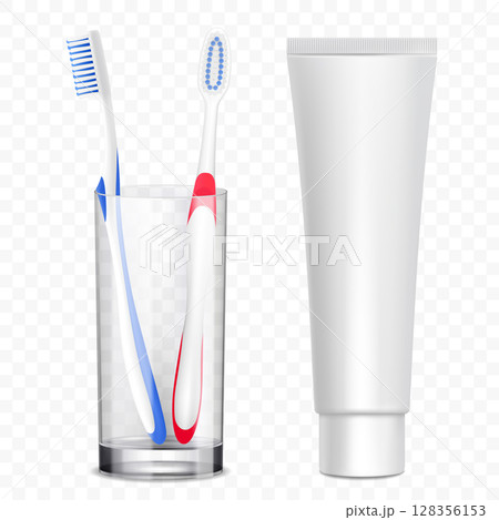 Toothbrushes in glass or plastic cup near toothpaste tube mockup. Oral hygiene products, toiletries for dental, stomatological ads. Vector 3d realistic templates on white Toothbrushes in glass or plastic cup near toothpaste tube mockup. Oral hygiene products, toiletries for dental, stomatological ads. Vector 3d realistic templates on white 128356153