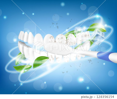 Teeth brushing. Toothbrush cleaning white healthy teeth. Stomatological procedure, oral health. Tooth protection, caries prevention dental clinic service, hygiene routine. Realistic 3d vector banner 128356154