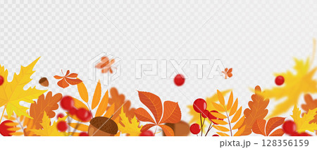 Falling colorful autumn maple and oak leaves, viburnum and acorns with defocused blur effect. Autumn background with leaf fall for your design. vector illustration. Flat design Falling colorful autumn maple and oak leaves, viburnum and acorns with defocused blur effect. Autumn background with leaf fall for your design. vector illustration. Flat design 128356159