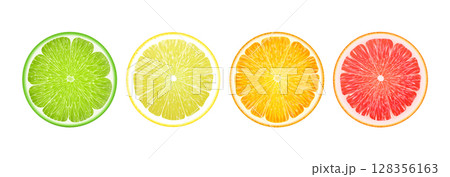 Set of juicy citrus slices. Realistic 3d vector illustration. Lemon, orange, grapefruit, lime icons set. Bright colorful Isolated elements on white background. For creative designs, logos, stickers 128356163