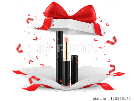 Colored Lipsticks, lip glosses inside open gift box, isolated on white background. White gift box with cosmetic items. Present, Gift, Surprise concept. 3D rendering Realistic vector illustration Colored Lipsticks, lip glosses inside open gift box, isolated on white background. White gift box with cosmetic items. Present, Gift, Surprise concept. 3D rendering Realistic vector illustration 128356176