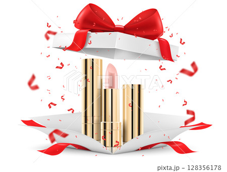 Colored Lipsticks, lip glosses inside open gift box, isolated on white background. White gift box with cosmetic items. Present, Gift, Surprise concept. 3D rendering Realistic vector illustration 128356178