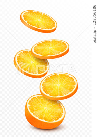 Fresh ripe slice of orange isolated on white background. Healthy food. An element for your packaging design. Realistic 3d vector 128356186
