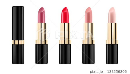 Set of colored lipsticks. Red, pink, orange, nude lipstick mockup. 3d realistic packaging. Decorative cosmetic for lip. Blank template of containers. Vector illustration isolated on white 128356206