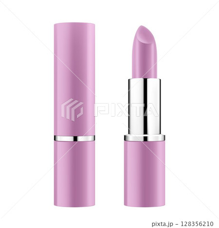 Lipstick tube template, vector mock-up. 3d realistic packaging, opened and closed with cap. Decorative cosmetic product for beautiful lip. Vector illustration isolated on white Lipstick tube template, vector mock-up. 3d realistic packaging, opened and closed with cap. Decorative cosmetic product for beautiful lip. Vector illustration isolated on white 128356210