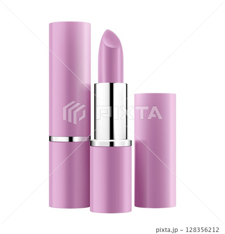 Lipstick tube template, vector mock-up. 3d realistic packaging, opened and closed with cap. Decorative cosmetic product for beautiful lip. Vector illustration isolated on white Lipstick tube template, vector mock-up. 3d realistic packaging, opened and closed with cap. Decorative cosmetic product for beautiful lip. Vector illustration isolated on white 128356212