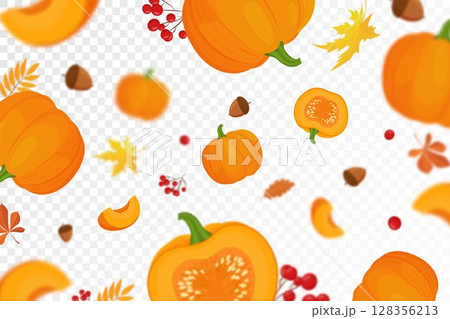 Background of orange autumn pumpkins with defocused blur effect for Harvest festival or Thanksgiving day. Pumpkins of different size on transparent background. Vector flat design Background of orange autumn pumpkins with defocused blur effect for Harvest festival or Thanksgiving day. Pumpkins of different size on transparent background. Vector flat design 128356213