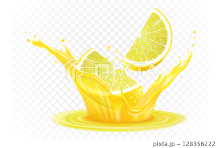 Fresh ripe lemon in a splash of juice, isolated on transparent background. Lemon slices fall into fresh juice, realistic 3d vector illustration. Citrus liquid, symbol of summer tropical vacation. Fresh ripe lemon in a splash of juice, isolated on transparent background. Lemon slices fall into fresh juice, realistic 3d vector illustration. Citrus liquid, symbol of summer tropical vacation. 128356222
