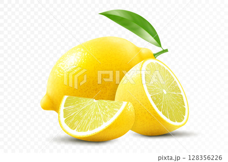 Fresh lemon isolated on transparent background. A whole lemon, half and slice a lemon. Realistic 3d vector illustration. Fully editable handmade mesh. Fresh lemon isolated on transparent background. A whole lemon, half and slice a lemon. Realistic 3d vector illustration. Fully editable handmade mesh. 128356226