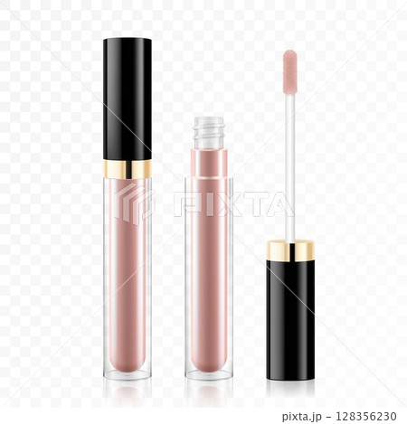 Lip gloss tube template. Lip cream plastic transparent 3d realistic vector packaging, opened and closed with black cap isolated on white background. Lipstick color swatch set. 128356230
