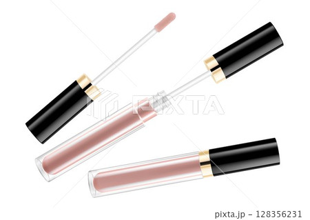 Lip gloss tube template. Lip cream plastic transparent 3d realistic vector packaging, opened and closed with black cap isolated on white background. Lipstick color swatch set. 128356231