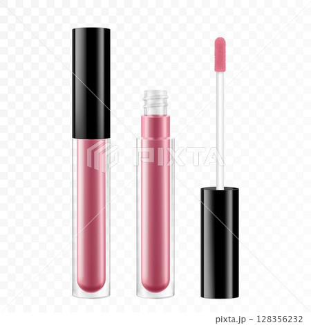 Lip gloss tube template. Lip cream plastic transparent 3d realistic vector packaging, opened and closed with black cap isolated on white background. Lipstick color swatch set. Lip gloss tube template. Lip cream plastic transparent 3d realistic vector packaging, opened and closed with black cap isolated on white background. Lipstick color swatch set. 128356232
